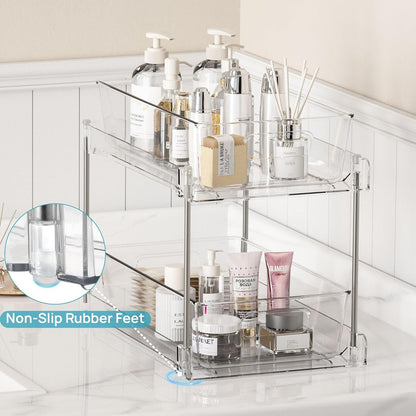 2 Pack Bathroom Organizer, 2 Tier Clear Under Sink Organizers Vanity Countertop Storage Container,Cabinet Drawers Bins, Pull-Out Organization with Track for Pantry, Kitchen