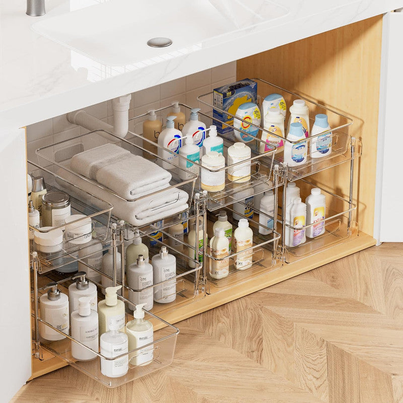 2 Pack Bathroom Organizer, 2 Tier Clear Under Sink Organizers Vanity Countertop Storage Container,Cabinet Drawers Bins, Pull-Out Organization with Track for Pantry, Kitchen - Image 2