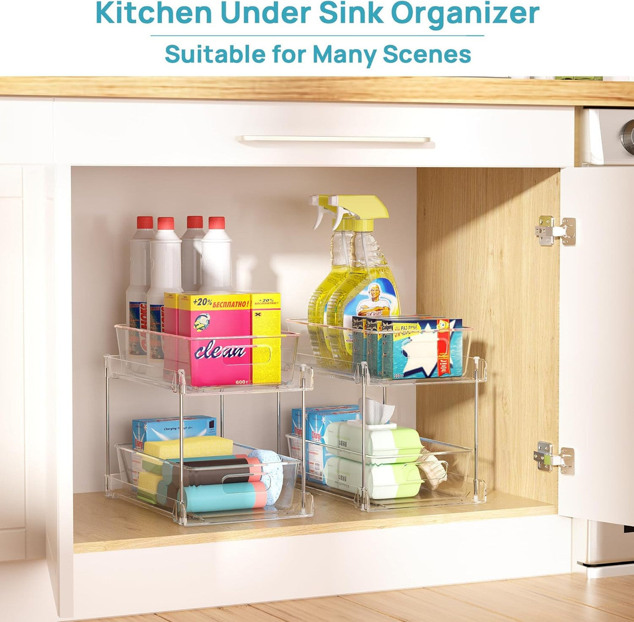 2 Pack Bathroom Organizer, 2 Tier Clear Under Sink Organizers Vanity Countertop Storage Container,Cabinet Drawers Bins, Pull-Out Organization with Track for Pantry, Kitchen - Image 3