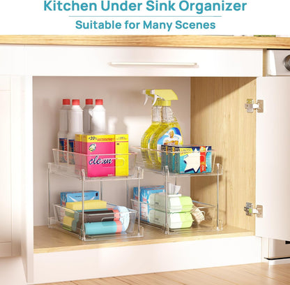 2 Pack Bathroom Organizer, 2 Tier Clear Under Sink Organizers Vanity Countertop Storage Container,Cabinet Drawers Bins, Pull-Out Organization with Track for Pantry, Kitchen - Image 3