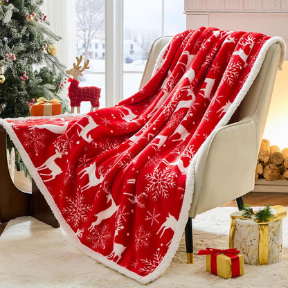 Christmas Throw Blanket, Christmas Decorations Gifts for Women, Sherpa Flannel Fleece Winter Holiday Blanket, Fluffy Cozy Soft Christams Throws for Couch Sofa Bed, Reindeer Stars, 50" X 60"