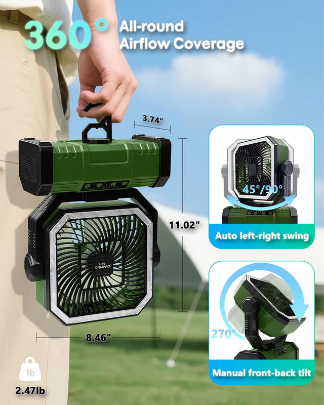 20000mAh Portable Camping Fan, Rechargeable Battery Operated Oscillating Camp Tent Fan W/Remote control, 4 Speeds, LED lights & 360° Rotation Hook for Outdoor RV Travel Green - Image 2