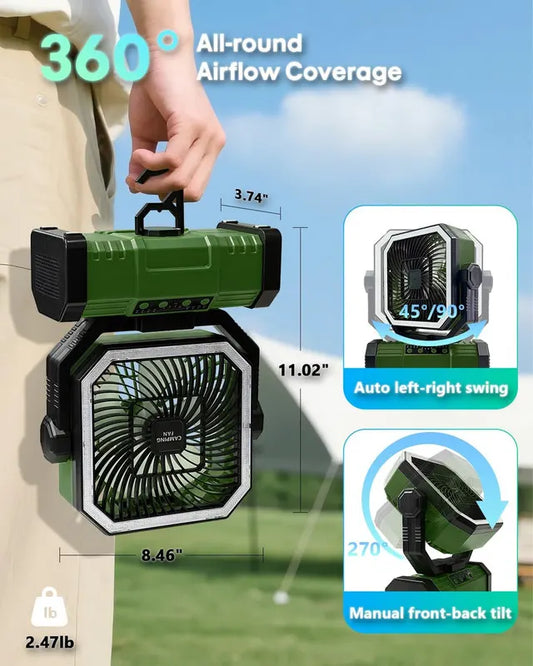 20000mAh Portable Camping Fan, Rechargeable Battery Operated Oscillating Camp Tent Fan W/Remote control, 4 Speeds, LED lights & 360° Rotation Hook for Outdoor RV Travel Green - Image 2