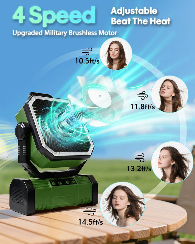 20000mAh Portable Camping Fan, Rechargeable Battery Operated Oscillating Camp Tent Fan W/Remote control, 4 Speeds, LED lights & 360° Rotation Hook for Outdoor RV Travel Green - Image 3