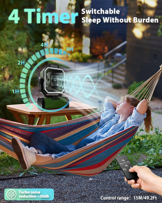 20000mAh Portable Camping Fan, Rechargeable Battery Operated Oscillating Camp Tent Fan W/Remote control, 4 Speeds, LED lights & 360° Rotation Hook for Outdoor RV Travel Green - Image 7