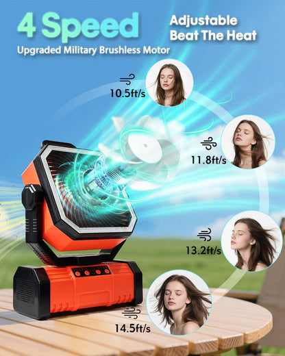 20000mAh Portable Camping Fan, Rechargeable Battery Operated Oscillating Camp Tent Fan W/Remote control, 4 Speeds, LED lights & 360° Rotation Hook for Outdoor RV Travel Orange - Image 2