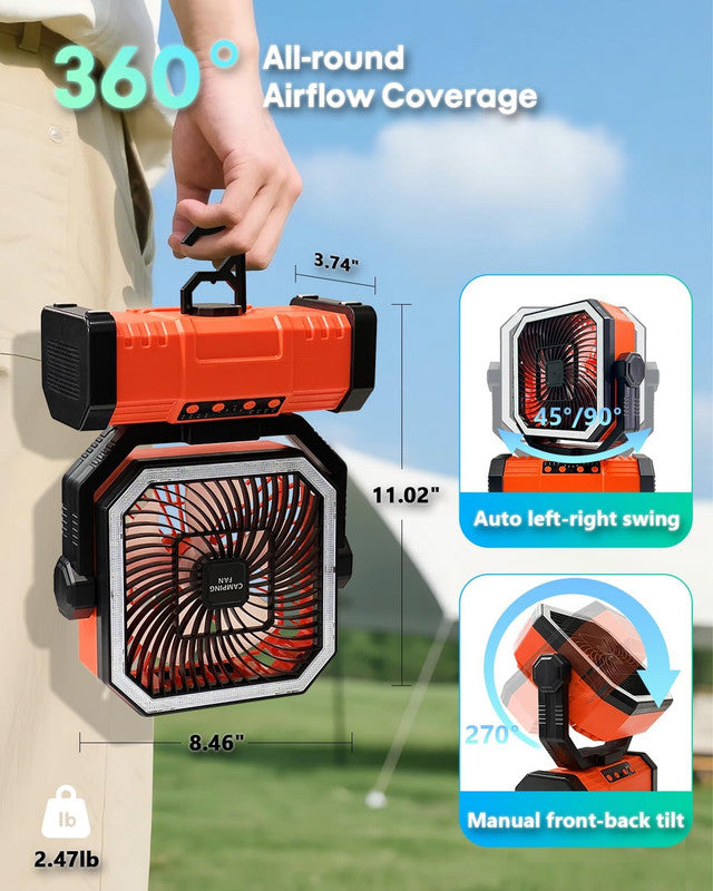 20000mAh Portable Camping Fan, Rechargeable Battery Operated Oscillating Camp Tent Fan W/Remote control, 4 Speeds, LED lights & 360° Rotation Hook for Outdoor RV Travel Orange - Image 3