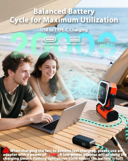 20000mAh Portable Camping Fan, Rechargeable Battery Operated Oscillating Camp Tent Fan W/Remote control, 4 Speeds, LED lights & 360° Rotation Hook for Outdoor RV Travel Orange - Image 6