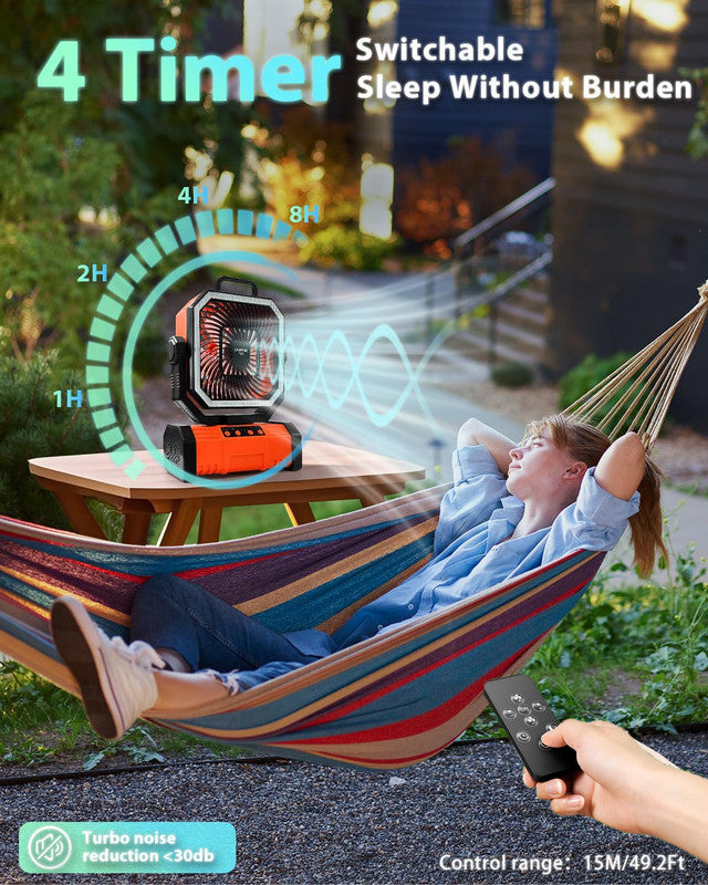20000mAh Portable Camping Fan, Rechargeable Battery Operated Oscillating Camp Tent Fan W/Remote control, 4 Speeds, LED lights & 360° Rotation Hook for Outdoor RV Travel Orange - Image 7