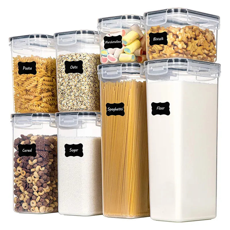 Airtight Food Storage Containers with Lids, 8 PCS Kitchen and Pantry Organization Canisters, BPA-Free, PVC-Free, Food-grade Plastic Leak-proof Jars for Cereal, Flour, Sugar, Extra 8 Labels & Marker