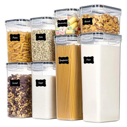Airtight Food Storage Containers with Lids, 8 PCS Kitchen and Pantry Organization Canisters, BPA-Free, PVC-Free, Food-grade Plastic Leak-proof Jars for Cereal, Flour, Sugar, Extra 8 Labels & Marker