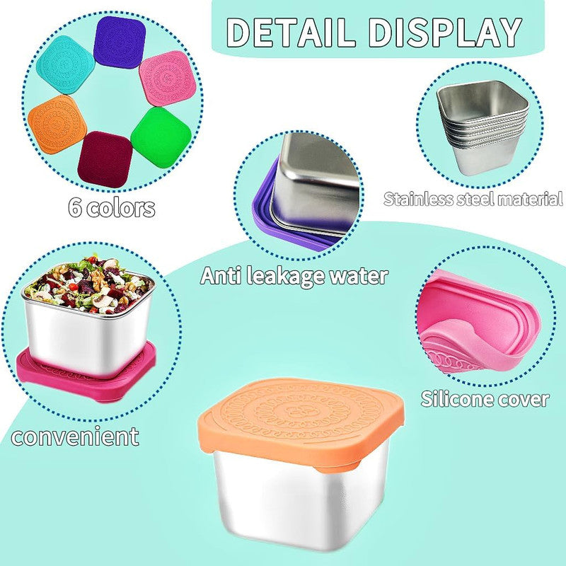 6Pack 6oz Stainless Steel Snack Containers and 2oz Salad Dressing To Go Containers with Silicone Lids, Reusable Square Meal Prep Condiment Sauce Containers Lunch Box - Image 2