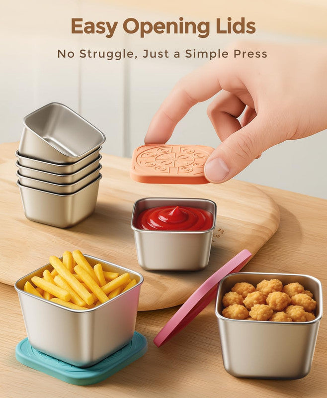 6Pack 6oz Stainless Steel Snack Containers and 2oz Salad Dressing To Go Containers with Silicone Lids, Reusable Square Meal Prep Condiment Sauce Containers Lunch Box - Image 4