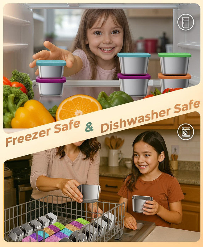 6Pack 6oz Stainless Steel Snack Containers and 2oz Salad Dressing To Go Containers with Silicone Lids, Reusable Square Meal Prep Condiment Sauce Containers Lunch Box - Image 5