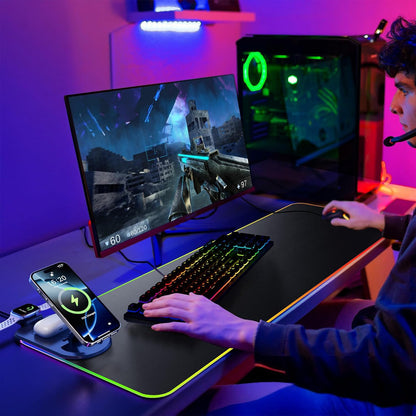 Wireless Charging Mouse Pad 15W RGB Gaming Mousepad Waterproof Desk Mat with Phone Holder 35.4''x11.8'' Extra Large Desk Pad Non-Slip Base Computer Keyboard Mat for PC Laptop, Blue - Image 2