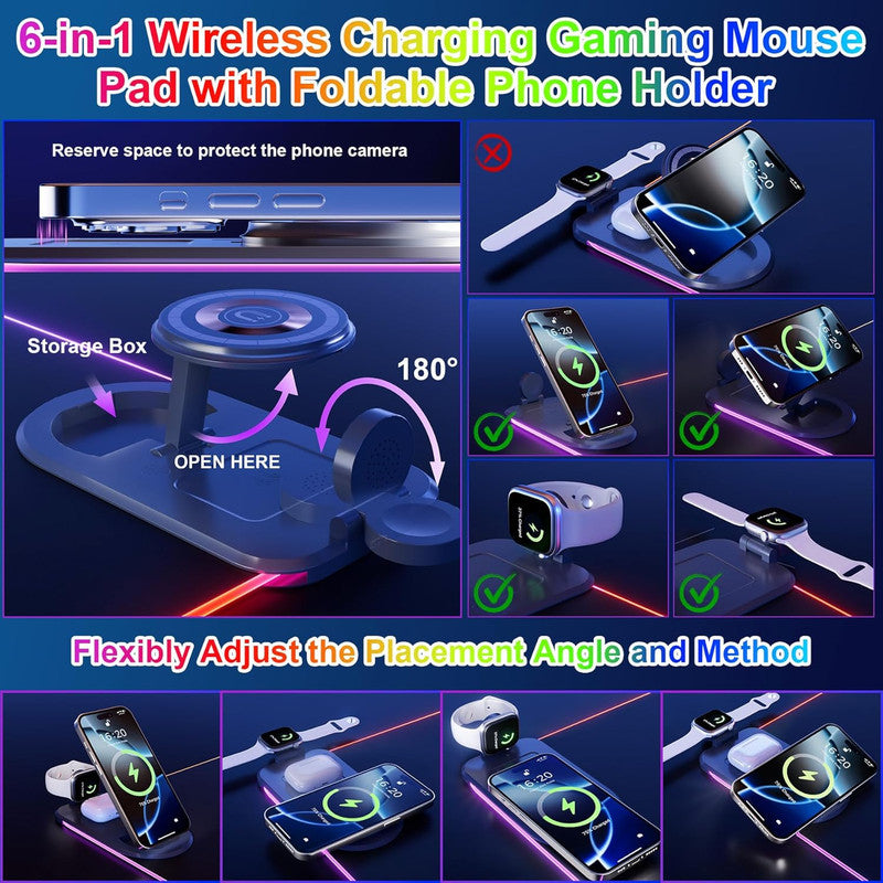Wireless Charging Mouse Pad 15W RGB Gaming Mousepad Waterproof Desk Mat with Phone Holder 35.4''x11.8'' Extra Large Desk Pad Non-Slip Base Computer Keyboard Mat for PC Laptop, White - Image 3