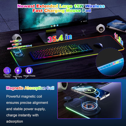Wireless Charging Mouse Pad 15W RGB Gaming Mousepad Waterproof Desk Mat with Phone Holder 35.4''x11.8'' Extra Large Desk Pad Non-Slip Base Computer Keyboard Mat for PC Laptop, White - Image 6