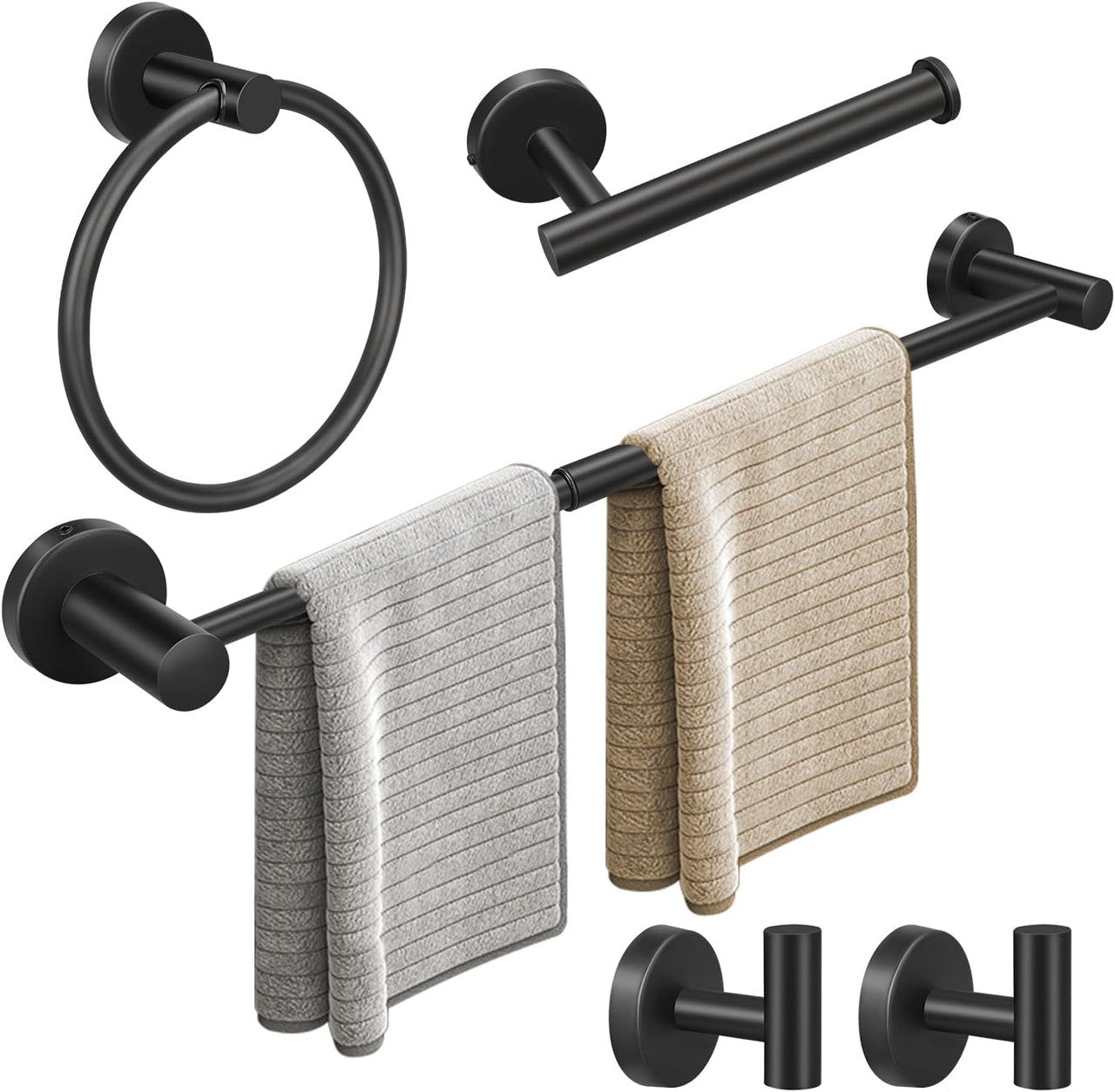 10pcs Matte Black Bathroom Hardware Set, Including 2pcs 24in Retractable Hand Single Towel Bar with 2pcs Toilet Paper Holders, 2pcs Towel Rings 4pcs Multifunctional Robe Hooks - Image 2