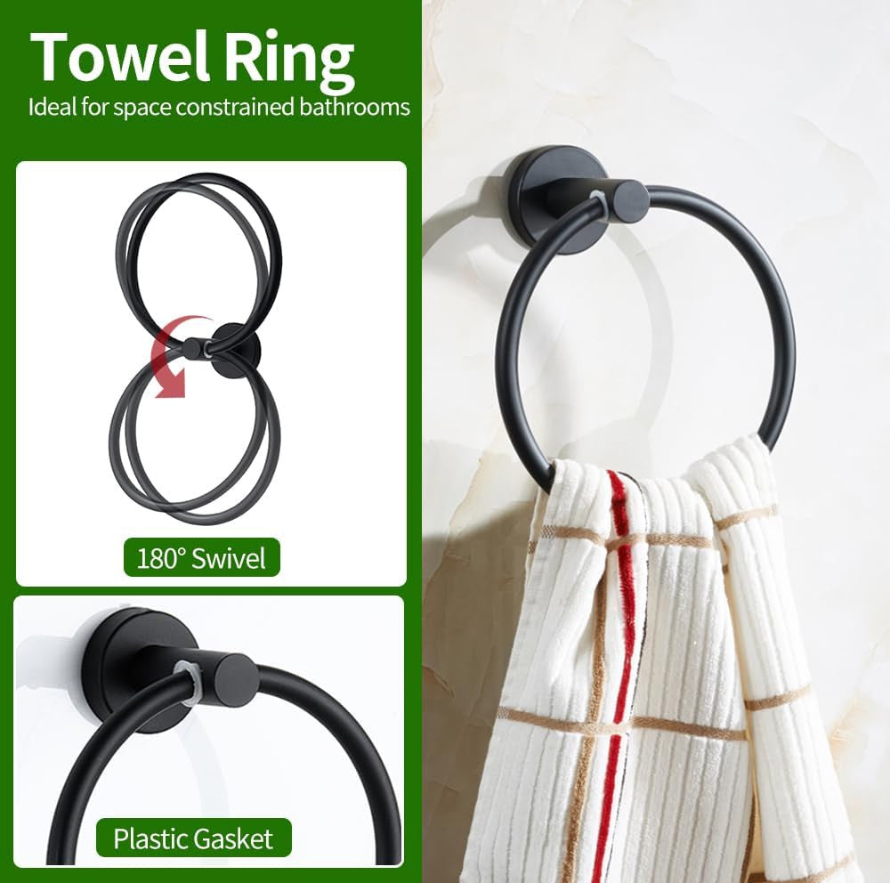 10pcs Matte Black Bathroom Hardware Set, Including 2pcs 24in Retractable Hand Single Towel Bar with 2pcs Toilet Paper Holders, 2pcs Towel Rings 4pcs Multifunctional Robe Hooks - Image 6