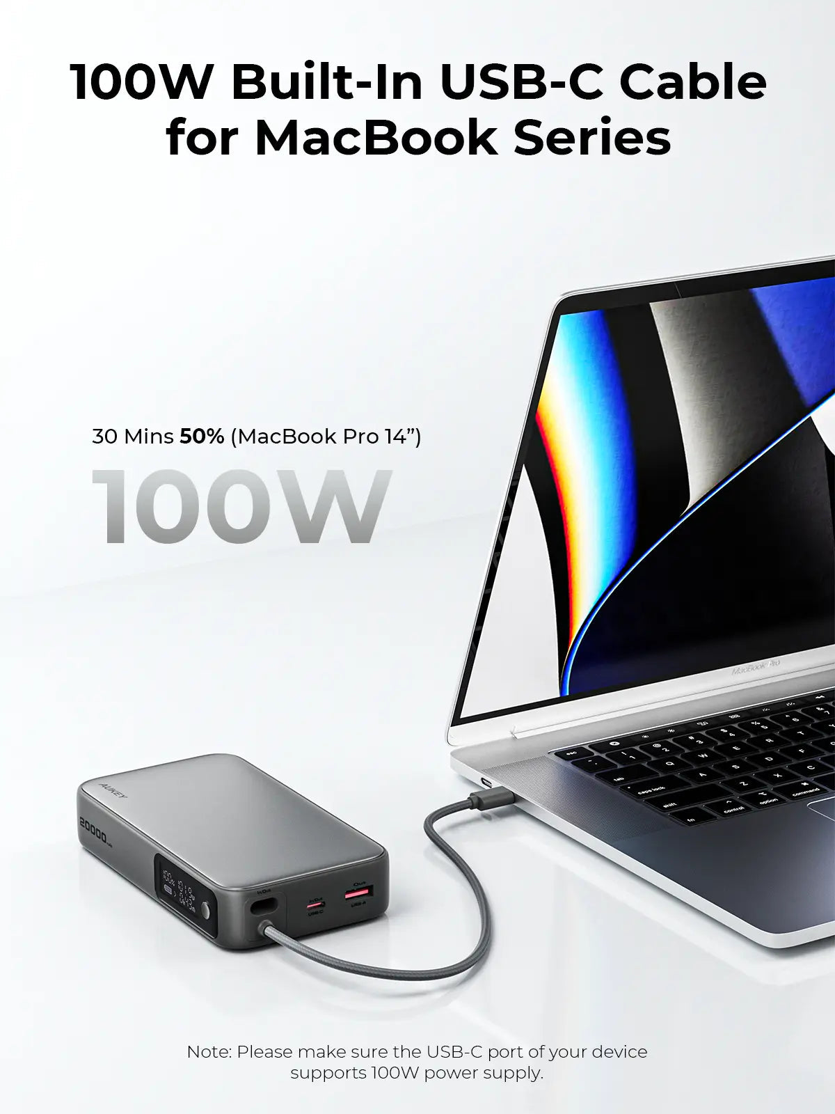 Aukey Spark Sling 20000 Compact Fast Charging Power Bank with Built-in USB-C Cable (PB-Y48) - Image 4