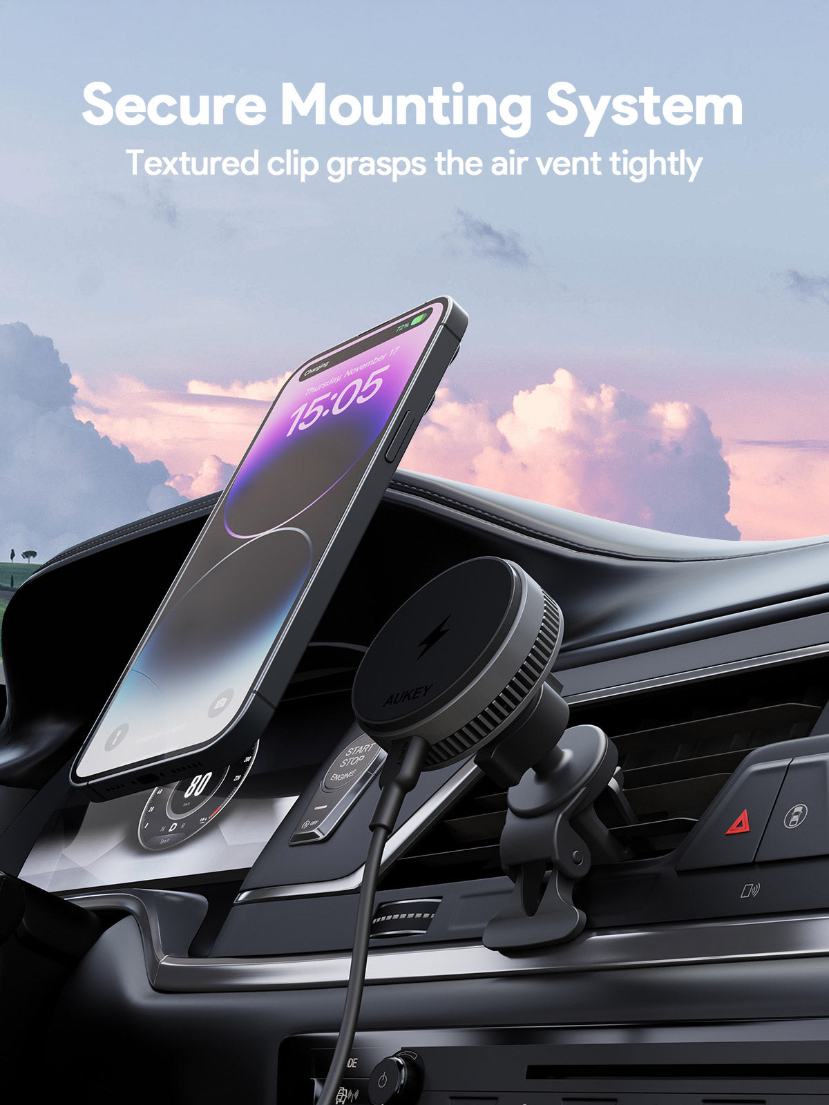 Aukey MagFusion Dash Pro Qi2 Magnetic Fast Wireless Charging Phone Mount with Active Cooling (HD-MC13A) - Image 7