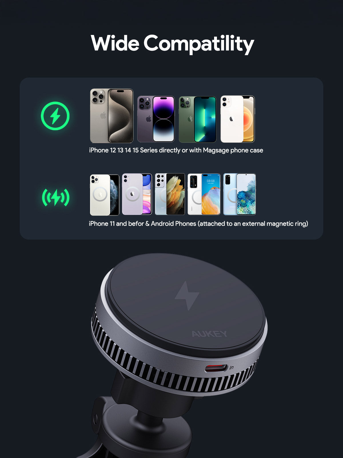 Aukey MagFusion Dash Pro Qi2 Magnetic Fast Wireless Charging Phone Mount with Active Cooling (HD-MC13A) - Image 9