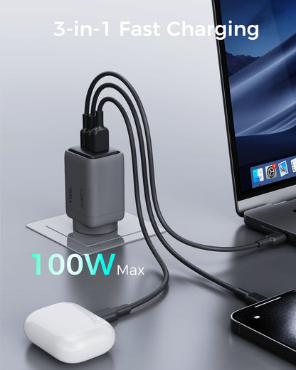 Aukey Comet 100W PD Fast Wall Charger GaN USB-C with 100W 1.8m USB-C to C Cable (PA-C5) - Image 2