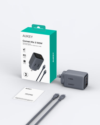 Aukey Comet 100W PD Fast Wall Charger GaN USB-C with 100W 1.8m USB-C to C Cable (PA-C5) - Image 8
