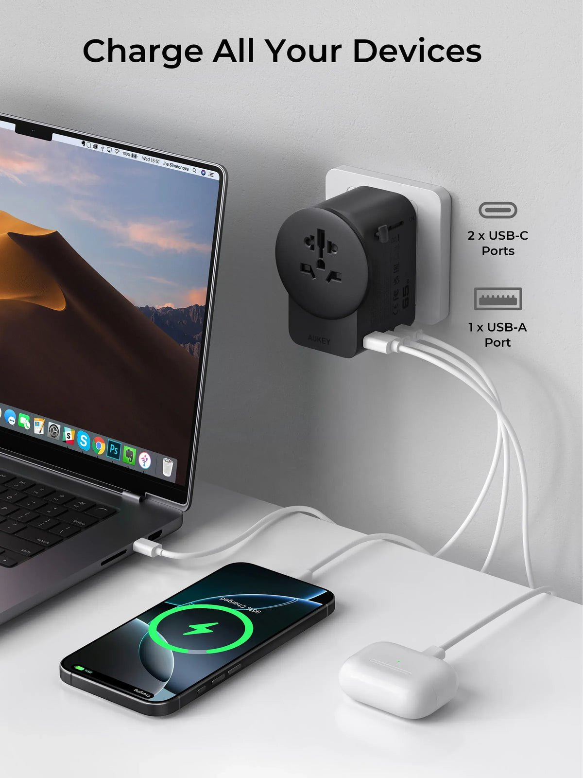 AUKEY GlobeMate 65W GaN Universal Travel Adapter with 2 USB-C + USB-A for 200+ Countries – PA-TA11A - Image 4