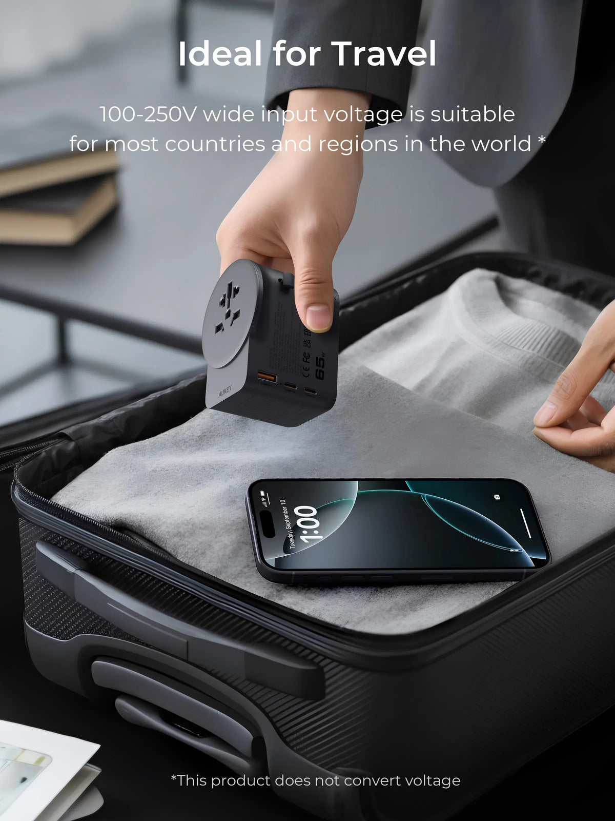 AUKEY GlobeMate 65W GaN Universal Travel Adapter with 2 USB-C + USB-A for 200+ Countries – PA-TA11A - Image 7