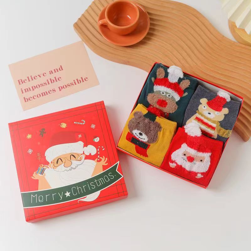Christmas gift  Christmas Socks Combed Cotton 4 Pair Medium Socks Gift Box