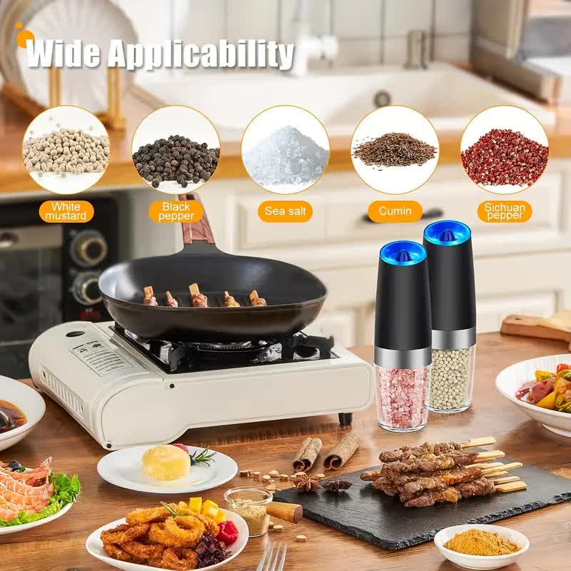Gravity Electric Salt and Pepper Grinder Set, Battery Powered LED Light One Hand Automatic Operation, Adjustable Coarseness Mill Grinders Shakers Black, Kitchen Gadgets Gift Ideas - Image 2