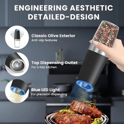 Gravity Electric Salt and Pepper Grinder Set, Battery Powered LED Light One Hand Automatic Operation, Adjustable Coarseness Mill Grinders Shakers Black, Kitchen Gadgets Gift Ideas - Image 3