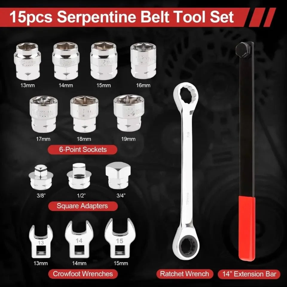 15PCS Serpentine Belt Tool Kit Tensioner Pulley Alignment Wrench Crow Socket - Image 3