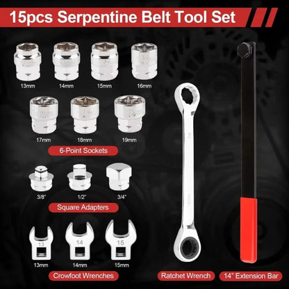 15PCS Serpentine Belt Tool Kit Tensioner Pulley Alignment Wrench Crow Socket - Image 3