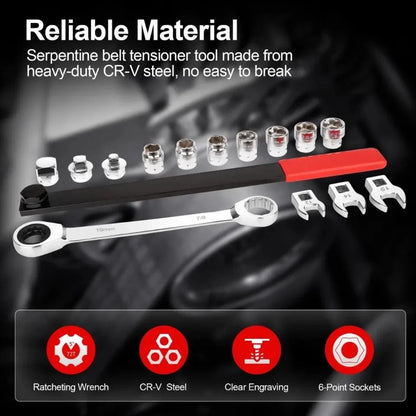 15PCS Serpentine Belt Tool Kit Tensioner Pulley Alignment Wrench Crow Socket - Image 4