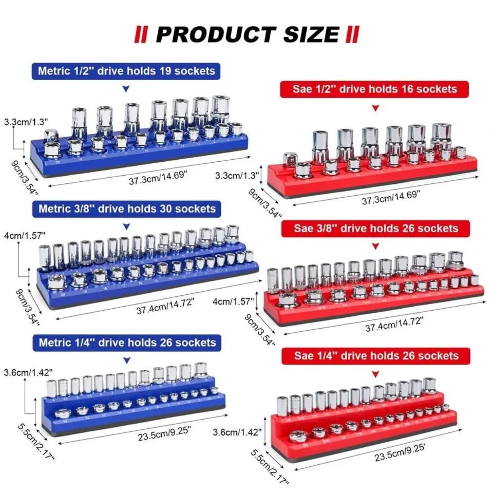 6PCS 1/4" 3/8" 1/2" 143 Slot Magnetic Socket Organizer Storage Holder Trays Set - Image 2