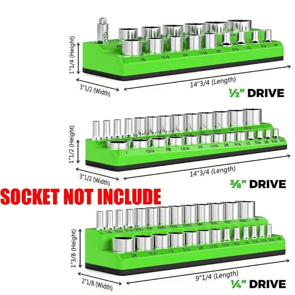 3PC 1/4" 3/8" 1/2" Green Imperial Magnetic Socket Organizer Storage Holder Trays Single size