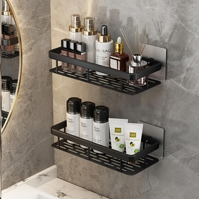 Black Wall-Mounted Storage Shelf - Heavy-Duty Plastic, No-Drill Adhesive Installation, Space-Saving Bathroom and Kitchen Organizer - Image 2