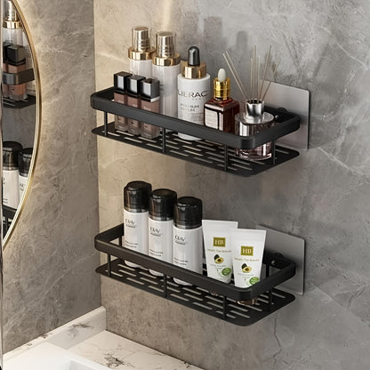 Black Wall-Mounted Storage Shelf - Heavy-Duty Plastic, No-Drill Adhesive Installation, Space-Saving Bathroom and Kitchen Organizer - Image 2