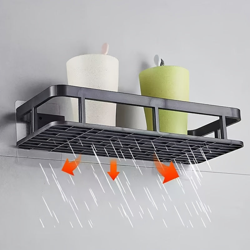 Black Wall-Mounted Storage Shelf - Heavy-Duty Plastic, No-Drill Adhesive Installation, Space-Saving Bathroom and Kitchen Organizer - Image 3