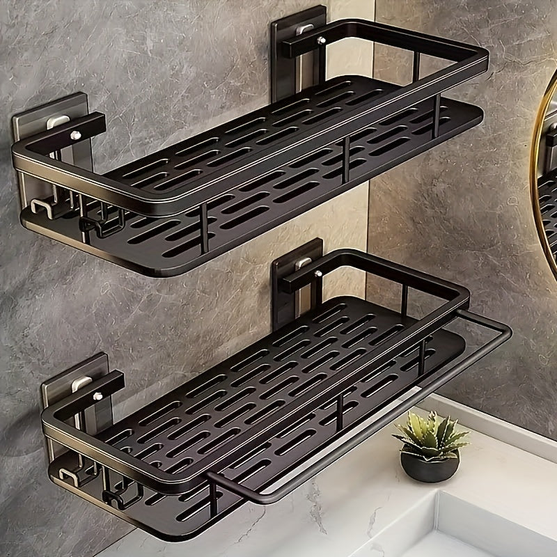 Black Wall-Mounted Storage Shelf - Heavy-Duty Plastic, No-Drill Adhesive Installation, Space-Saving Bathroom and Kitchen Organizer - Image 4
