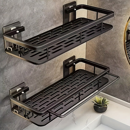 Black Wall-Mounted Storage Shelf - Heavy-Duty Plastic, No-Drill Adhesive Installation, Space-Saving Bathroom and Kitchen Organizer - Image 4