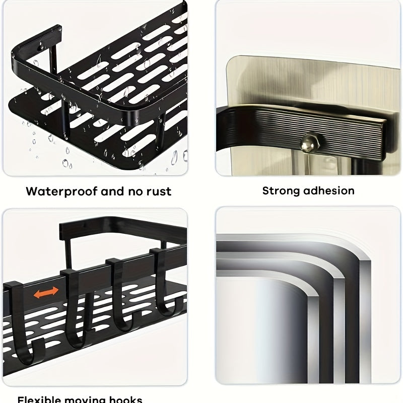 Black Wall-Mounted Storage Shelf - Heavy-Duty Plastic, No-Drill Adhesive Installation, Space-Saving Bathroom and Kitchen Organizer - Image 6