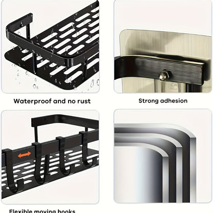 Black Wall-Mounted Storage Shelf - Heavy-Duty Plastic, No-Drill Adhesive Installation, Space-Saving Bathroom and Kitchen Organizer - Image 6