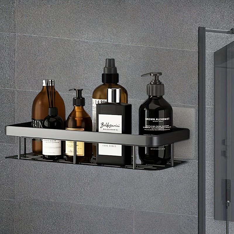 Black Wall-Mounted Storage Shelf - Heavy-Duty Plastic, No-Drill Adhesive Installation, Space-Saving Bathroom and Kitchen Organizer - Image 7