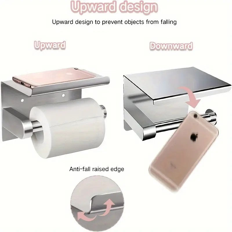 1pc Toilet Paper Holder with Shelf, Bathroom Tissue Storage Rack, Wall-Mounted Paper Towel Dispenser, Stainless Steel Bathroom Paper Holder, Bathroom Accessory(Black) - Image 6