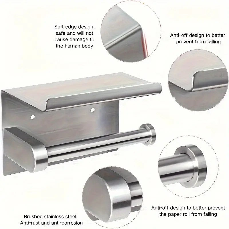 1pc Toilet Paper Holder with Shelf, Bathroom Tissue Storage Rack, Wall-Mounted Paper Towel Dispenser, Stainless Steel Bathroom Paper Holder, Bathroom Accessory(Black) - Image 7