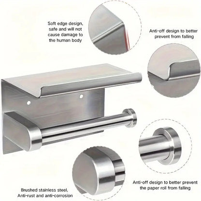 1pc Toilet Paper Holder with Shelf, Bathroom Tissue Storage Rack, Wall-Mounted Paper Towel Dispenser, Stainless Steel Bathroom Paper Holder, Bathroom Accessory(Black) - Image 7