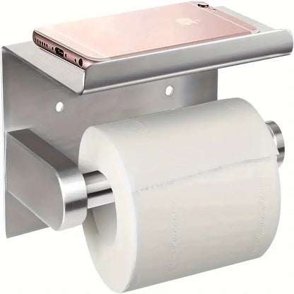 (True color)  1pc Toilet Paper Holder with Shelf, Bathroom Tissue Storage Rack, Wall-Mounted Paper Towel Dispenser, Stainless Steel Bathroom Paper Holder, Bathroom Accessory - Image 2